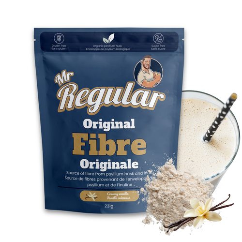Mr. Regular Original daily fibre supplement bag, creamy vanilla organic psyllium husk powder made in Canada