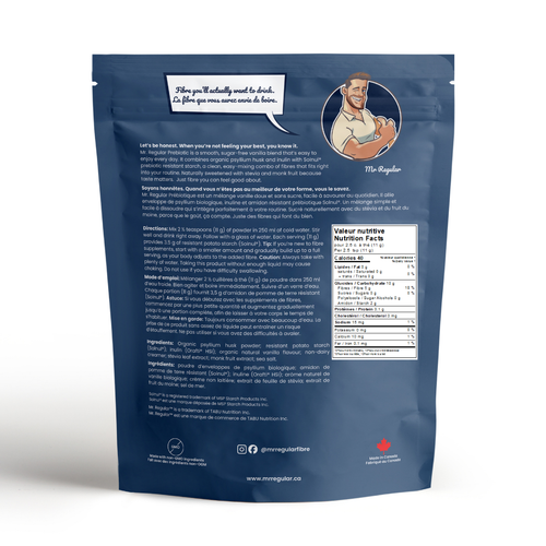 Mr. Regular +Prebiotic fibre supplement back label with ingredients and nutrition facts