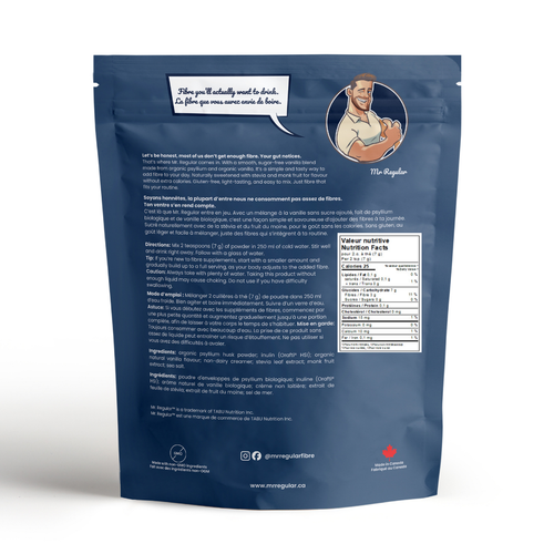 Mr. Regular Original fibre supplement back label with ingredients and nutrition facts
